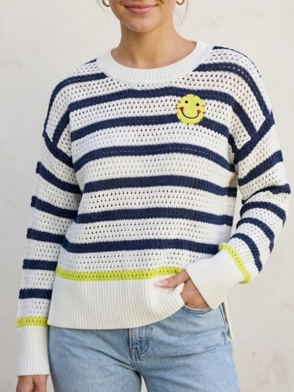 KERRI ROSENTHAL Striped Crochet Knit Smiley Face Sweater Blue White